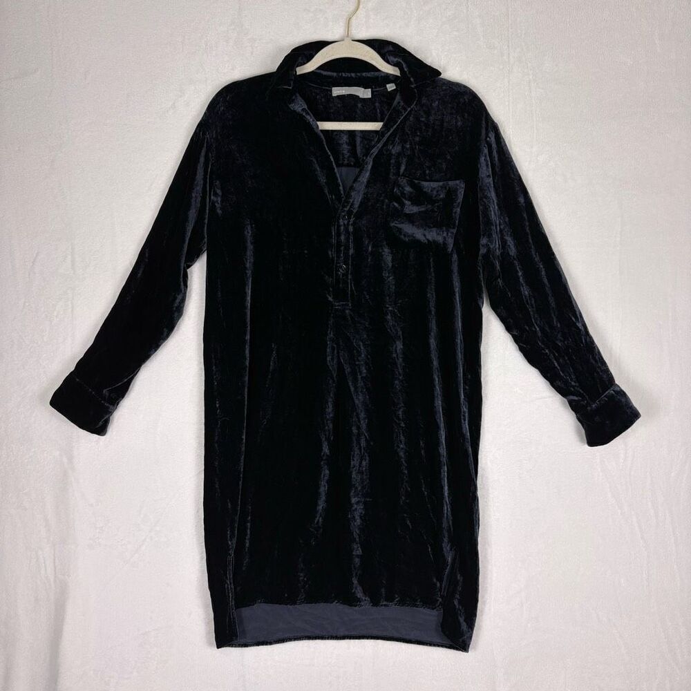 Vince Blue Velvet Collared Henley Long Sleeve Shirt Dress Size XS